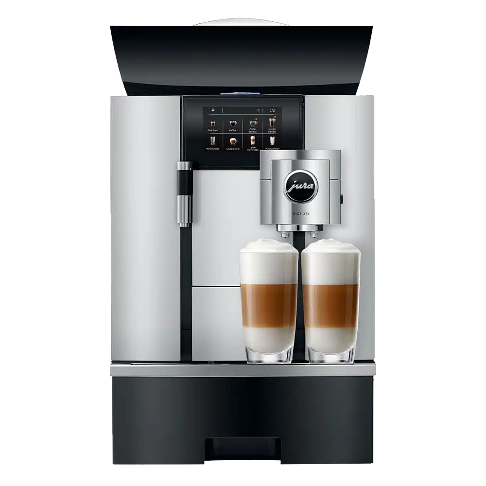 Une machine à café élégante et moderne avec un écran d'affichage numérique et le nom de marque « JURA GIGA X3c Aluminium (SB) » sur le panneau avant. La machine distribue deux tasses de café garnies de lait mousseux.