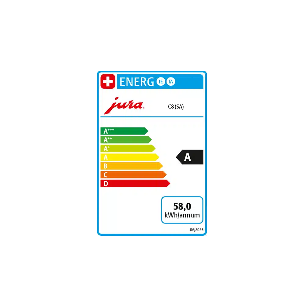 Étiquette énergétique d'un appareil JURA C8 Piano Black (SA), indiquant la cote d'efficacité énergétique « A ». L'étiquette comprend une échelle de couleurs allant de A+++ (le plus efficace) à D (le moins efficace) et indique une consommation d'énergie annuelle de 58,0 kWh. La date « 06/2023 » est également notée.