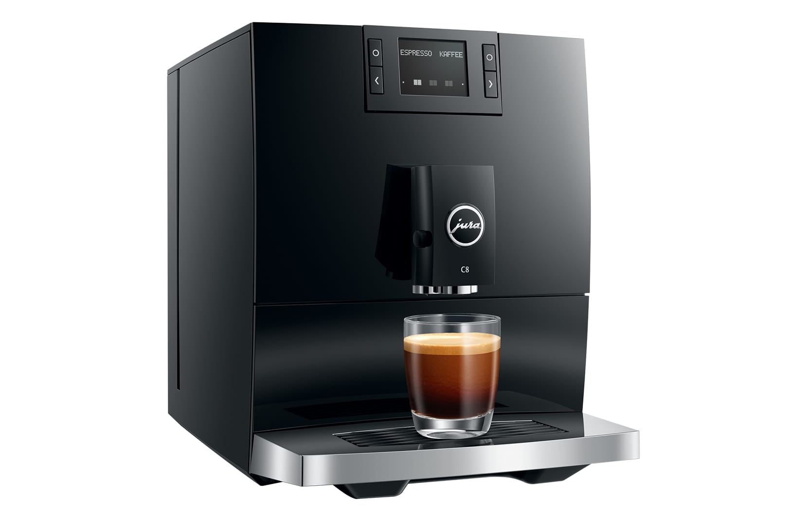 Une JURA C8 Piano Black (SA) dotée d'un panneau de commande numérique est présentée en train de distribuer un expresso dans une tasse en verre transparent. La machine a un design élégant et un bac collecteur argenté.