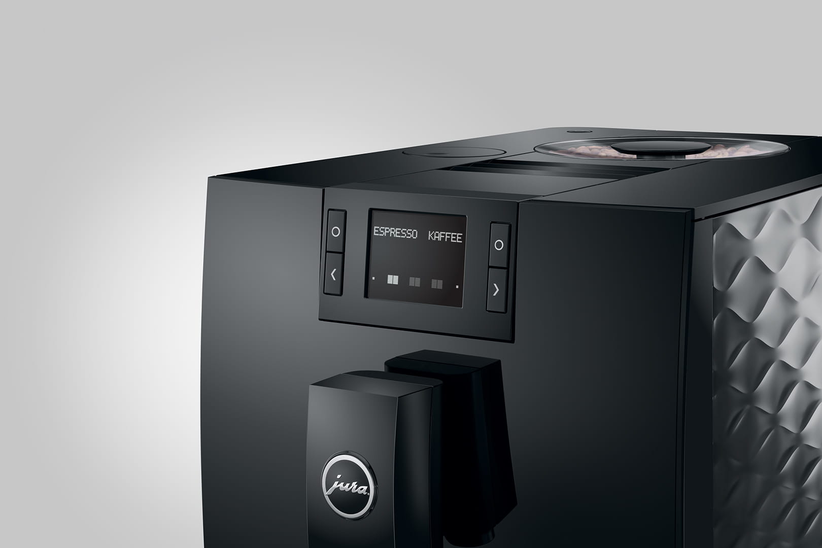Gros plan d'une machine à expresso noire moderne JURA C8 Piano Black (SA) sur un fond uni. L'affichage numérique sur le devant affiche les options « ESPRESSO » et « KAFFEE ». La machine a une surface texturée et un design élégant.