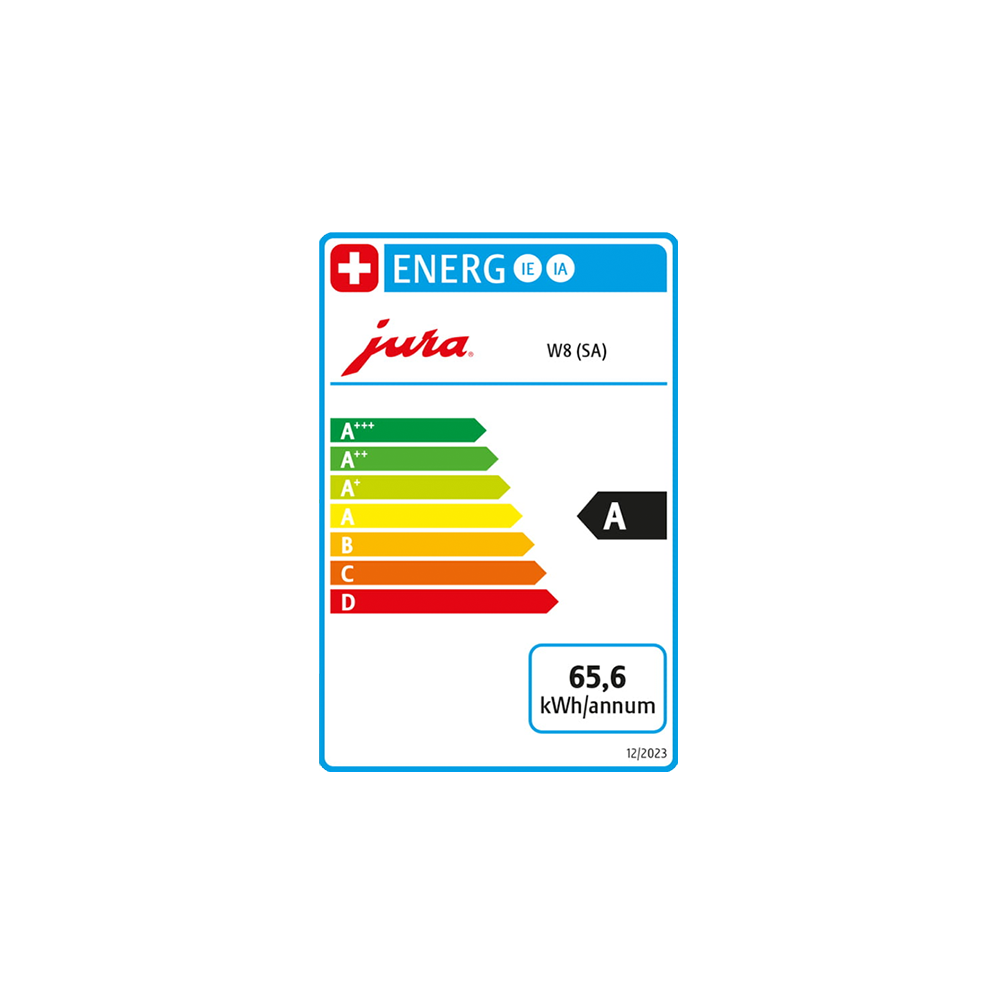 Étiquette énergétique d'un appareil JURA W8 Dark Inox (SA), affichant une classe d'efficacité énergétique de A. La consommation d'énergie annuelle est de 65,6 kWh. Le label suit l'échelle d'étiquetage énergétique de l'UE de A+++ (le plus efficace) à D (le moins efficace).