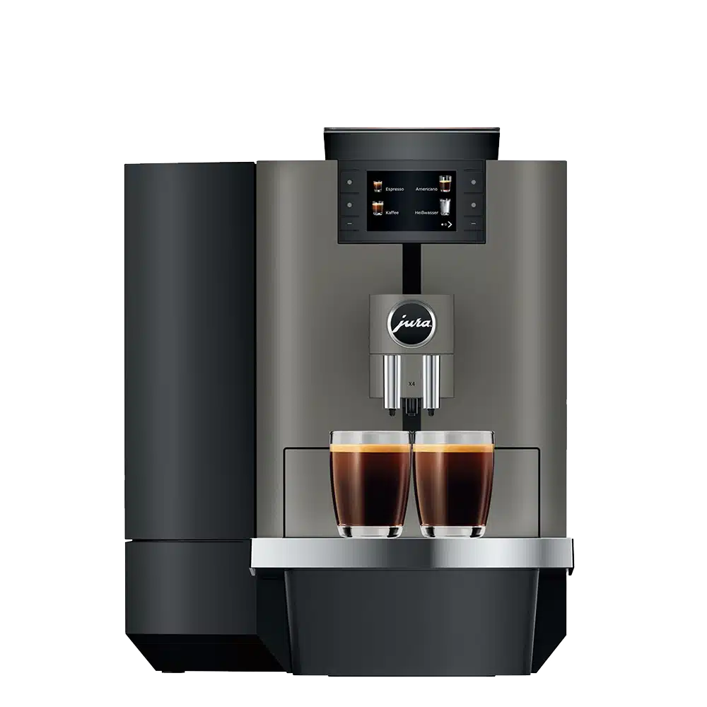 Une machine à expresso élégante et moderne avec une finition métallique, dotée d'un affichage numérique et de deux becs verseurs distribuant deux tasses d'espresso. La machine porte le logo « JURA W8 Dark Inox (SA) » au-dessus des becs verseurs.