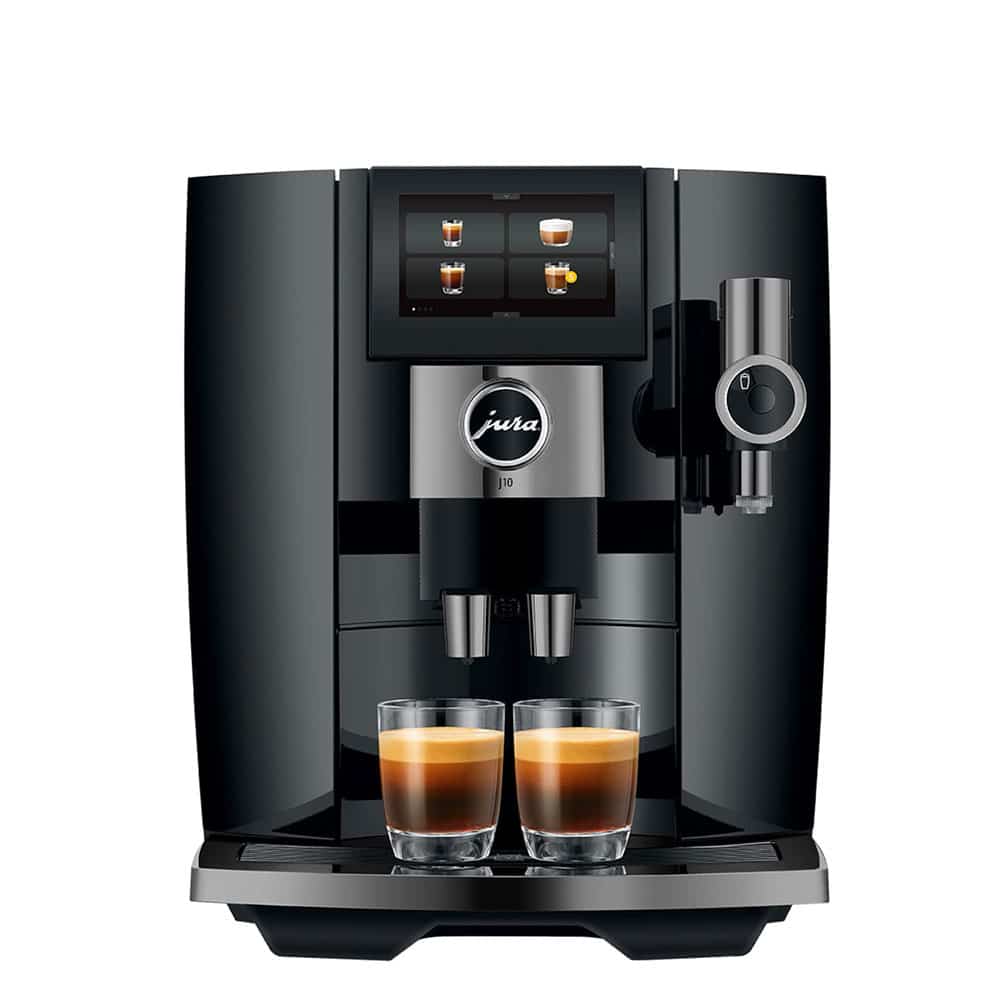 Une machine à café Jura noire et élégante avec un écran numérique et des boutons sur le devant. Elle est dotée de deux becs verseurs distribuant l'espresso dans deux tasses en verre transparent placées sur le bac d'égouttage. L'écran d'affichage indique différentes options de boissons.