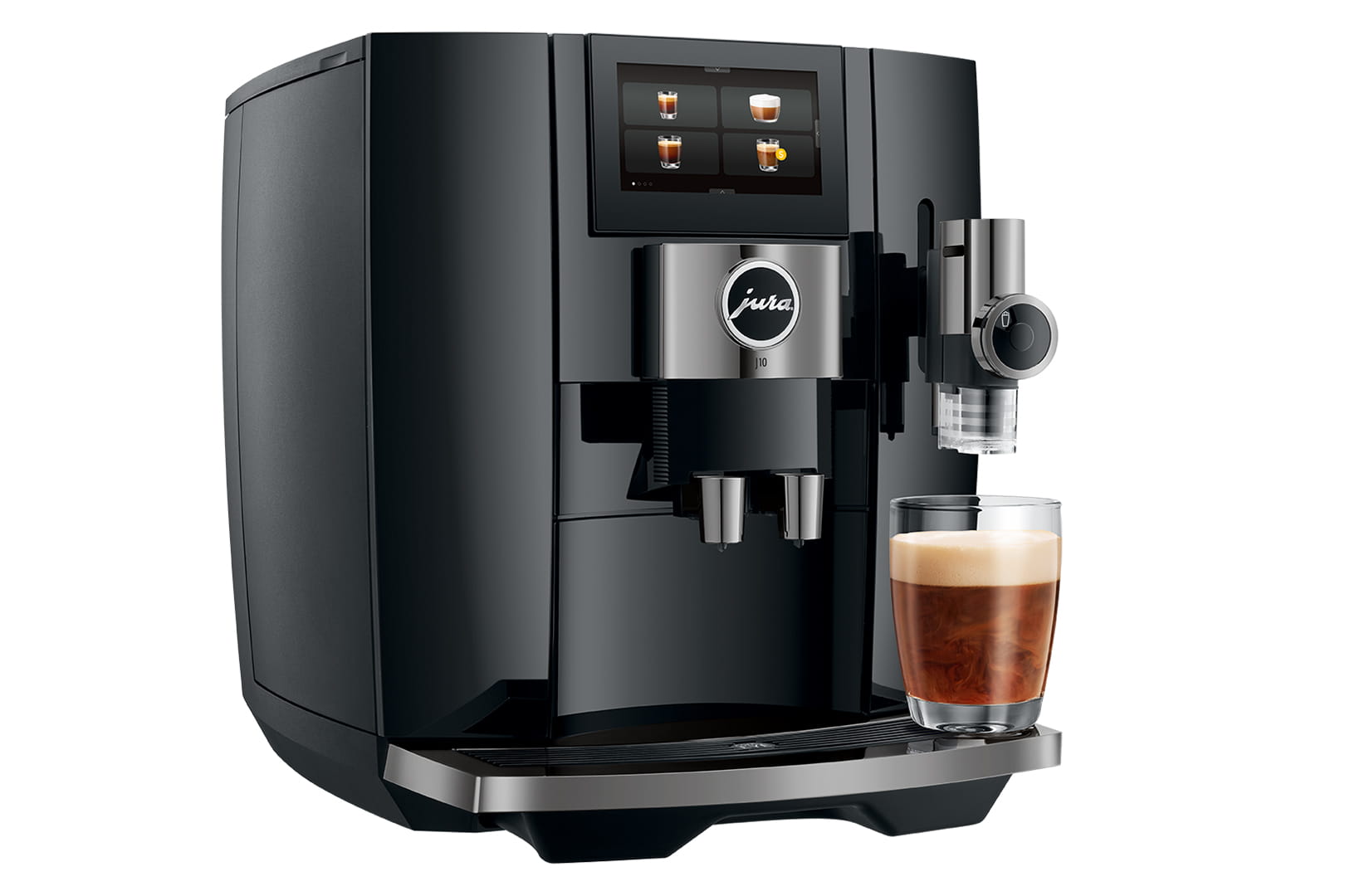 Une machine à expresso automatique noire et élégante avec un affichage numérique et une buse à vapeur à droite. Une tasse en verre remplie de café et surmontée de lait mousseux repose sur le bac d'égouttage en métal sous les deux becs verseurs. Le nom de la marque « Jura » est visible sur la machine.