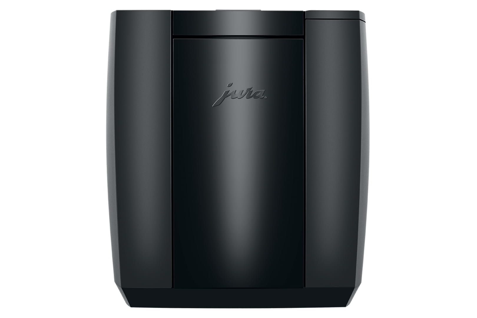 Une machine à café Jura noire et élégante vue de face. La machine présente un design minimaliste avec des surfaces lisses et le logo Jura au centre.
