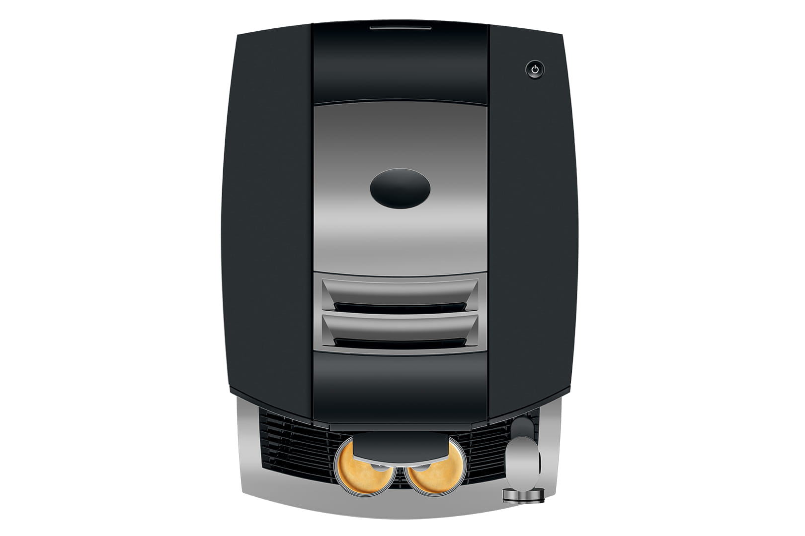 Une machine à expresso moderne noire et argentée avec deux tasses à café placées sous les distributeurs. La partie supérieure comporte un panneau de commande avec un seul bouton, et la partie centrale dispose d'un écran rectangulaire compact et de deux emplacements vraisemblablement pour différentes fonctions.