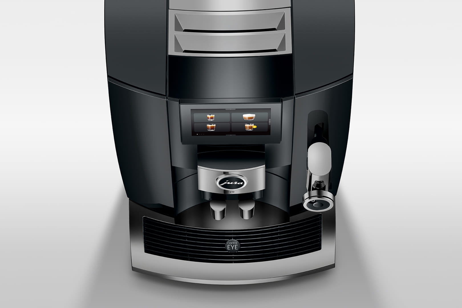 Une machine à expresso élégante et moderne avec un écran d'affichage numérique affichant les options de café. Elle est dotée de deux becs verseurs de café, d'un logo au centre et d'un mousseur à lait sur le côté droit. La machine a une finition métallique et noire, ce qui lui donne un aspect élégant.
