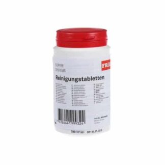 Un récipient blanc avec un couvercle rouge, étiqueté « FRANKE - Pastilles de nettoyage », est équipé d'un code-barres et d'informations sur le produit, garantissant que votre système à café reste en parfait état.